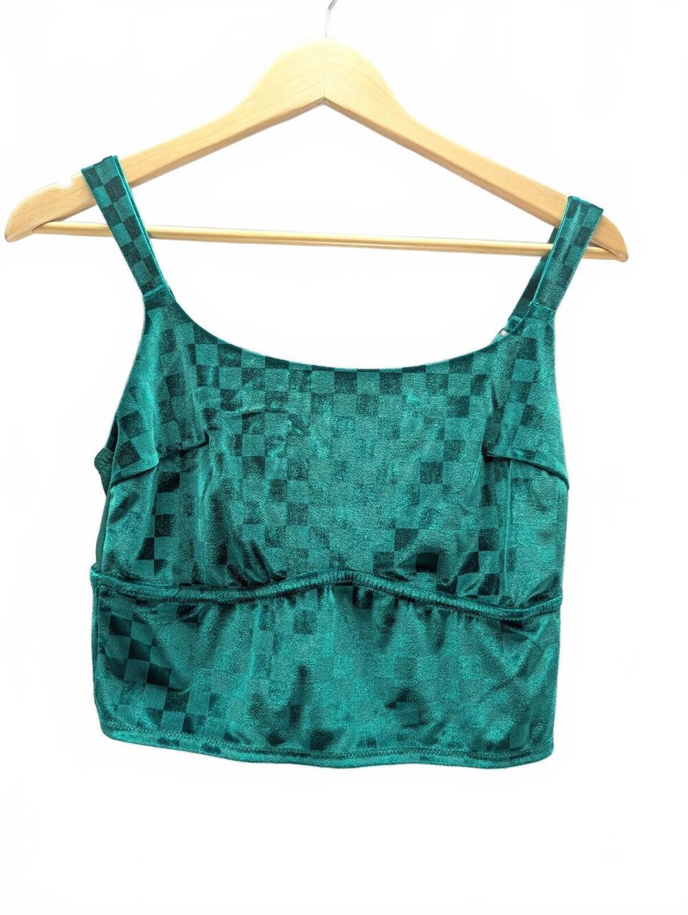 Colsie Women's Green Satin Checkered Crop Top, Size Large